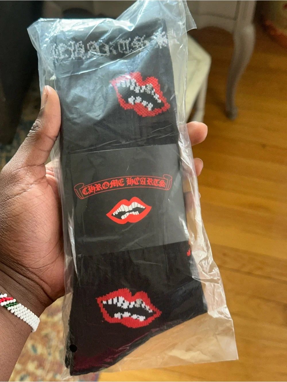 Chrome Hearts Black Crew Socks with Red Lip Motif